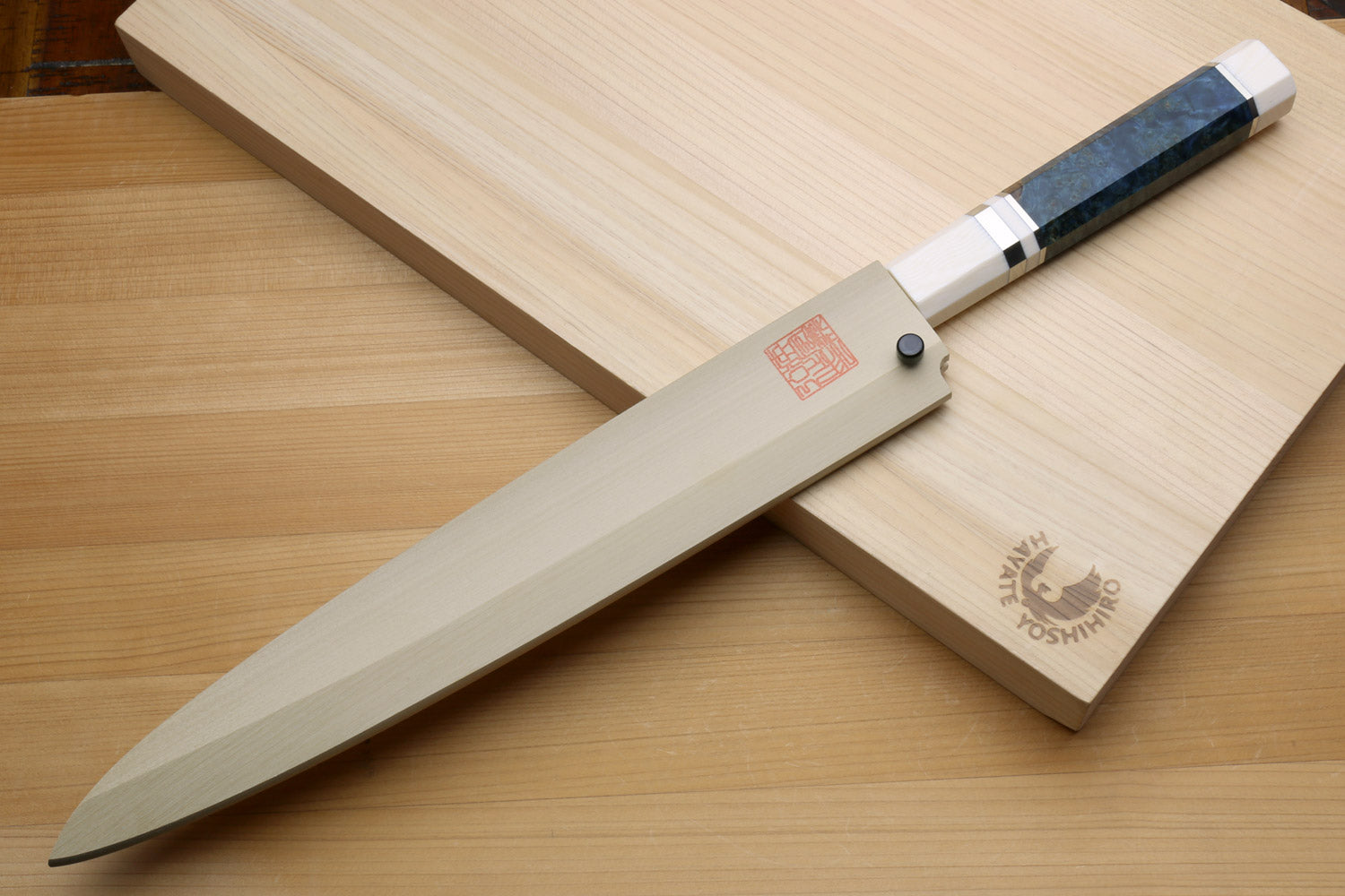 Yoshihiro Left-Handed Ginsan Mirror Polished Stain Resistant Steel Yanagi Sushi Sashimi Japanese Knife Octagonal Handle with Alternative Ivory Bolster