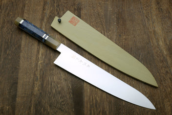 Gyuto chef knife with ocean blue handle, stainless blade and wooden saya