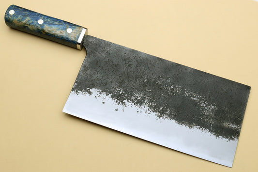 Yoshihiro Nashiji High Carbon Blue Steel #2 Chinese-Style Cleaver Vegetable Knife with Stabilized Maple Burl Handle (Mazaki Special Edition: TYPE A)