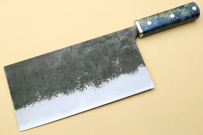 Yoshihiro Nashiji High Carbon Blue Steel #2 Chinese-Style Cleaver Vegetable Knife with Stabilized Maple Burl Handle (Mazaki Special Edition: TYPE A)