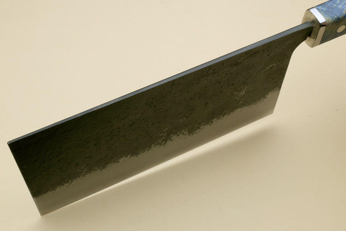 Chinese-style vegetable cleaver knife, dark blade edge and blue mottled handle