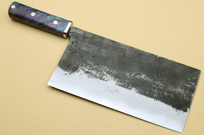 Yoshihiro Nashiji High Carbon Blue Steel #2 Chinese-Style Cleaver Vegetable Knife with Stabilized Maple Burl Handle (Mazaki Special Edition: TYPE B)