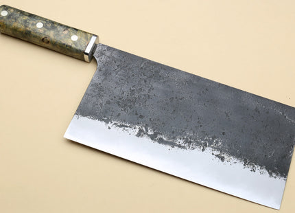 Yoshihiro Nashiji High Carbon White Steel #2 Chinese-Style Cleaver Vegetable Knife with Stabilized Maple Burl Handle (Mazaki Special Edition: TYPE C)