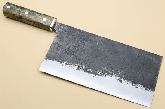 Yoshihiro Nashiji High Carbon White Steel #2 Chinese-Style Cleaver Vegetable Knife with Stabilized Maple Burl Handle (Mazaki Special Edition: TYPE C)