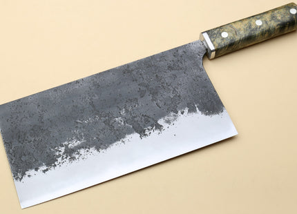 Yoshihiro Nashiji High Carbon White Steel #2 Chinese-Style Cleaver Vegetable Knife with Stabilized Maple Burl Handle (Mazaki Special Edition: TYPE C)