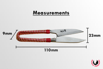 Sewing snip scissors dimensions: 110mm long, red string-wrapped handle, 23mm blades