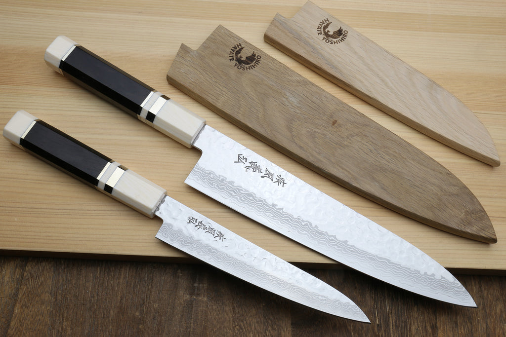 Damascus gyuto and petty knife set with octagonal ivory-look handles