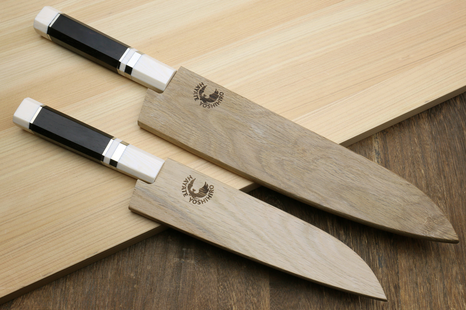 Damascus gyuto and petty knives with ivory-look octagonal handles