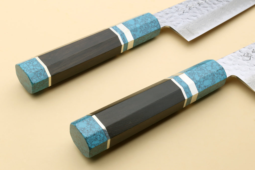 Yoshihiro VG-10 46 Layers Hammered Damascus Gyuto Japanese Chefs Knife Octagonal Turquoise Blue Handle