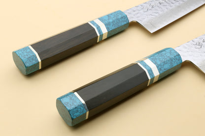 Yoshihiro VG-10 46 Layers Hammered Damascus Gyuto Japanese Chefs Knife Octagonal Turquoise Blue Handle