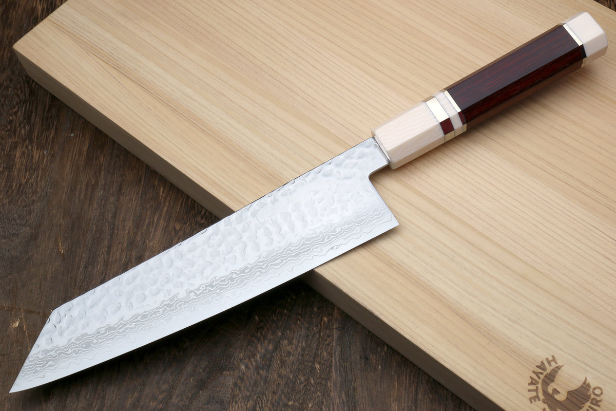 Kiritsuke chef knife with hammered VG-10-style Damascus blade and octagonal rosewood handle
