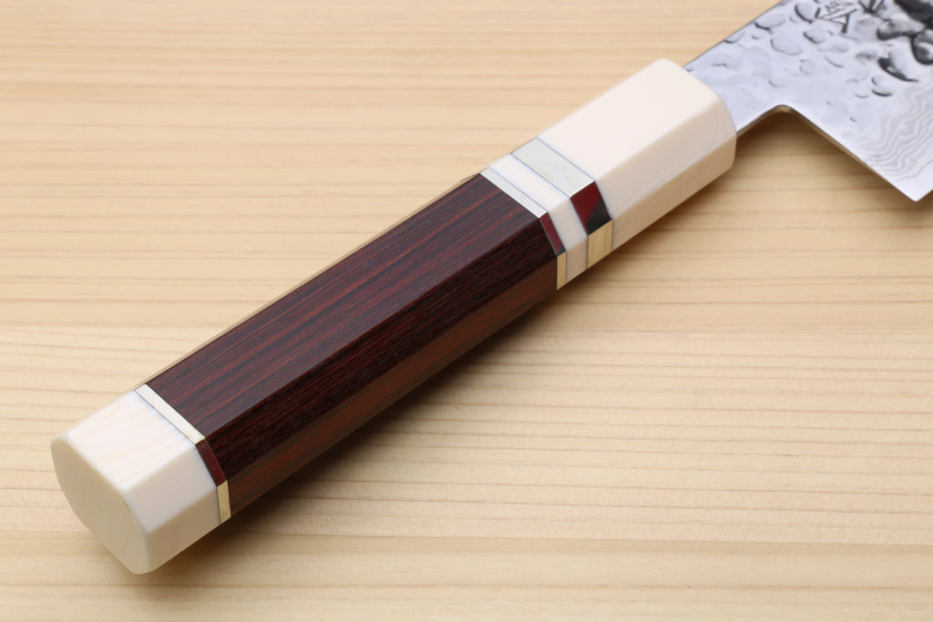 Nakiri vegetable knife handle with rosewood scales and ivory bolster, Damascus blade