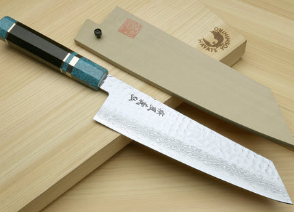 Yoshihiro VG-10 46 Layers Hammered Damascus Kiritsuke Multipurpose Japanese Chefs Knife with Octagonal Turquoise Blue Handle (Blade Length 8.25" (210mm))