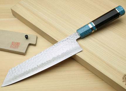 Yoshihiro VG-10 46 Layers Hammered Damascus Kiritsuke Multipurpose Japanese Chefs Knife with Octagonal Turquoise Blue Handle (Blade Length 8.25" (210mm))