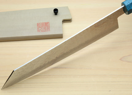 Yoshihiro VG-10 46 Layers Hammered Damascus Kiritsuke Multipurpose Japanese Chefs Knife with Octagonal Turquoise Blue Handle (Blade Length 8.25" (210mm))