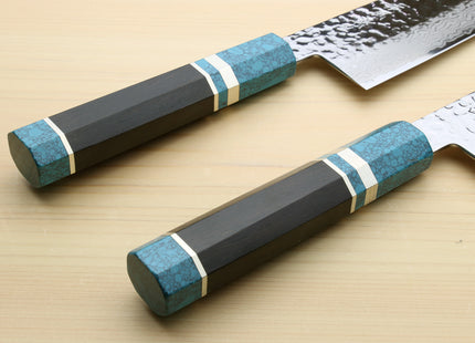 Yoshihiro VG-10 46 Layers Hammered Damascus Kiritsuke Multipurpose Japanese Chefs Knife with Octagonal Turquoise Blue Handle (Blade Length 8.25" (210mm))