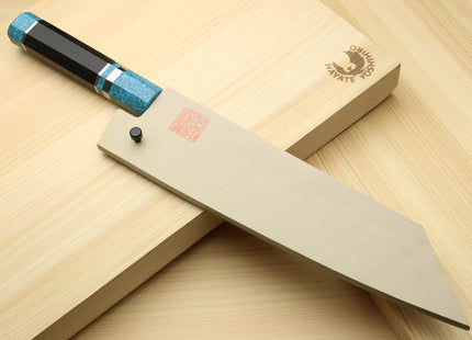 Yoshihiro VG-10 46 Layers Hammered Damascus Kiritsuke Multipurpose Japanese Chefs Knife with Octagonal Turquoise Blue Handle (Blade Length 8.25" (210mm))