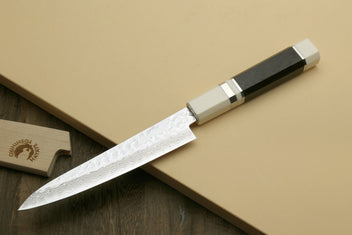 Damascus petty utility knife with ivory handle and hammered steel blade