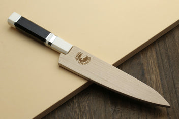 Damascus petty utility knife with ivory handle and black bolster stripe