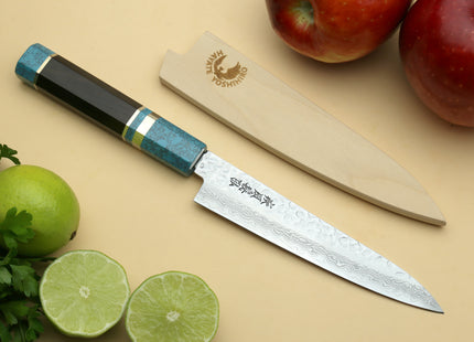 Yoshihiro VG-10 46 Layers Hammered Damascus Petty Utility Japanese Chef Knife Octagonal Turquoise Blue Handle (6" (150mm))