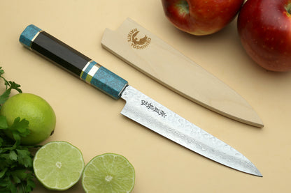 Yoshihiro VG-10 46 Layers Hammered Damascus Petty Utility Japanese Chef Knife Octagonal Turquoise Blue Handle (6" (150mm))