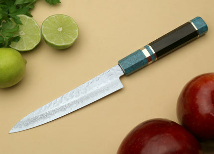 Yoshihiro VG-10 46 Layers Hammered Damascus Petty Utility Japanese Chef Knife Octagonal Turquoise Blue Handle (6" (150mm))