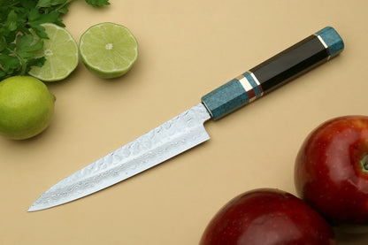Yoshihiro VG-10 46 Layers Hammered Damascus Petty Utility Japanese Chef Knife Octagonal Turquoise Blue Handle (6" (150mm))