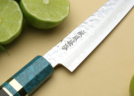 Yoshihiro VG-10 46 Layers Hammered Damascus Petty Utility Japanese Chef Knife Octagonal Turquoise Blue Handle (6" (150mm))