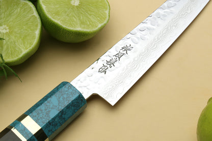Yoshihiro VG-10 46 Layers Hammered Damascus Petty Utility Japanese Chef Knife Octagonal Turquoise Blue Handle (6" (150mm))