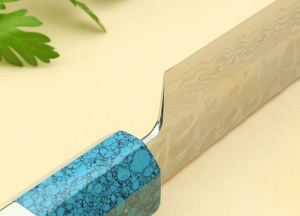 Yoshihiro VG-10 46 Layers Hammered Damascus Petty Utility Japanese Chef Knife Octagonal Turquoise Blue Handle (6" (150mm))