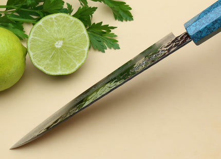 Yoshihiro VG-10 46 Layers Hammered Damascus Petty Utility Japanese Chef Knife Octagonal Turquoise Blue Handle (6" (150mm))