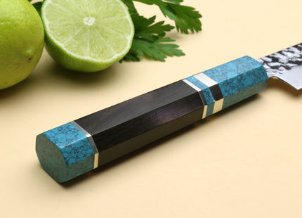 Yoshihiro VG-10 46 Layers Hammered Damascus Petty Utility Japanese Chef Knife Octagonal Turquoise Blue Handle (6" (150mm))