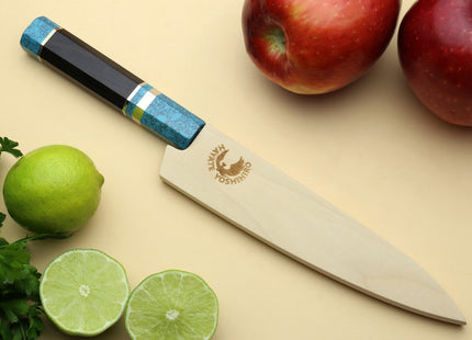 Yoshihiro VG-10 46 Layers Hammered Damascus Petty Utility Japanese Chef Knife Octagonal Turquoise Blue Handle (6" (150mm))
