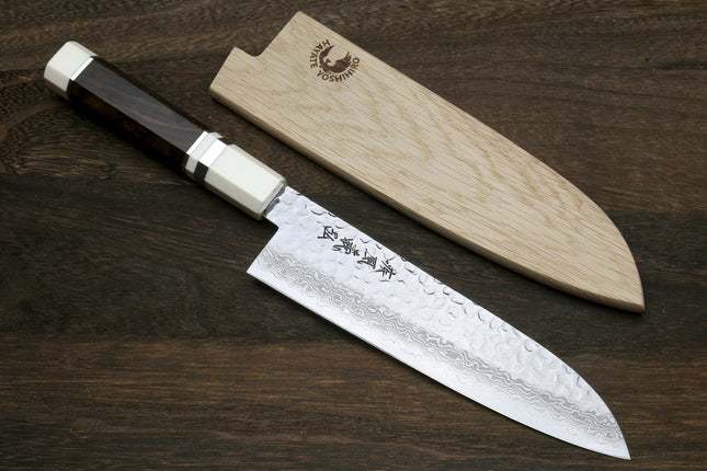 Yoshihiro VG-10 46 Layers Hammered Damascus Santoku Japanese Multipurpose Knife Octagonal Alternative Ivory Handle (Blade Length 7" (180mm))