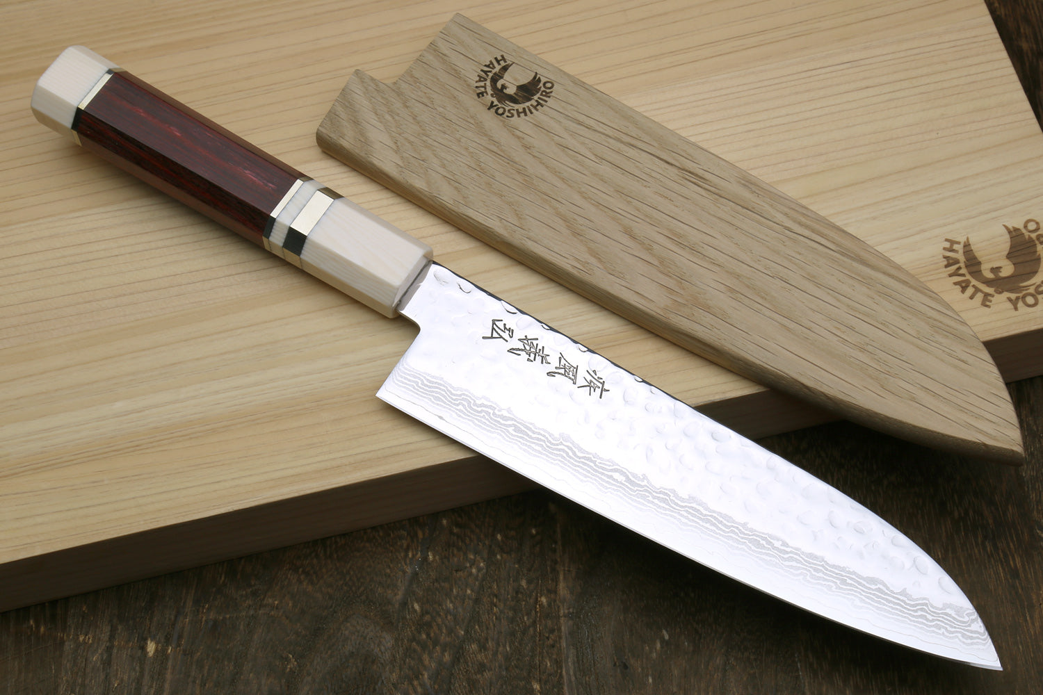 Damascus santoku knife with octagonal rosewood handle and ivory bolster