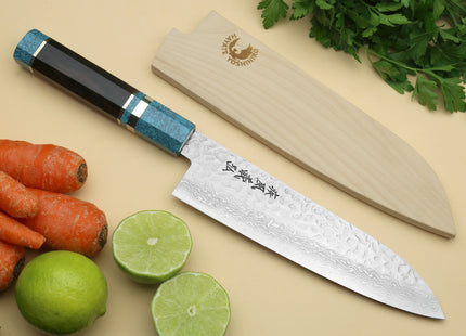Yoshihiro VG-10 46 Layers Hammered Damascus Santoku Japanese Multipurpose Knife Octagonal Turquoise Blue Handle (Blade Length 7" (180mm))