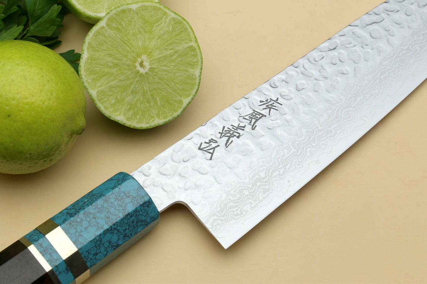 Yoshihiro VG-10 46 Layers Hammered Damascus Santoku Japanese Multipurpose Knife Octagonal Turquoise Blue Handle (Blade Length 7" (180mm))