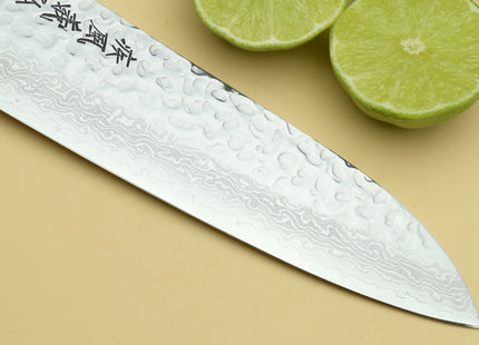 Yoshihiro VG-10 46 Layers Hammered Damascus Santoku Japanese Multipurpose Knife Octagonal Turquoise Blue Handle (Blade Length 7" (180mm))