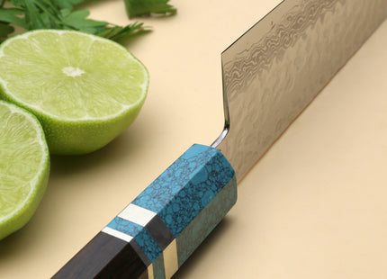 Yoshihiro VG-10 46 Layers Hammered Damascus Santoku Japanese Multipurpose Knife Octagonal Turquoise Blue Handle (Blade Length 7" (180mm))