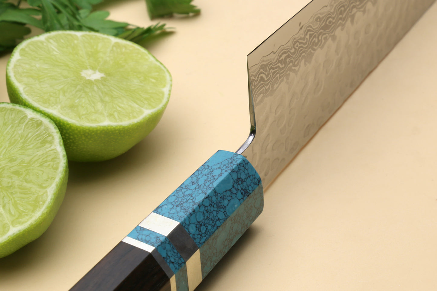 Yoshihiro VG-10 46 Layers Hammered Damascus Santoku Japanese Multipurpose Knife Octagonal Turquoise Blue Handle (Blade Length 7" (180mm))