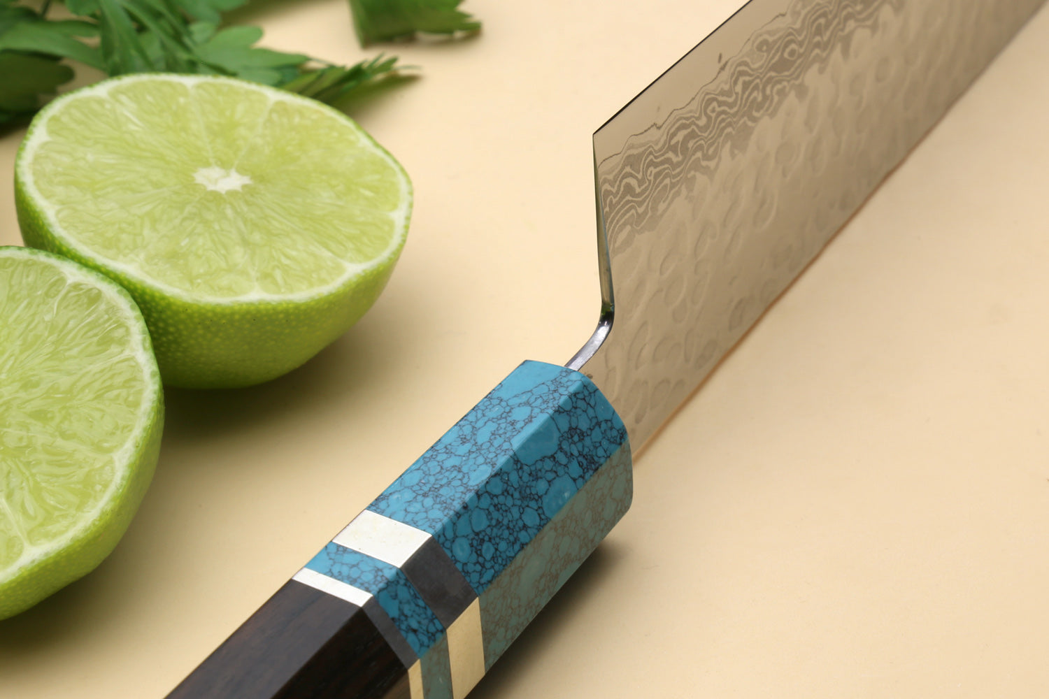 Yoshihiro VG-10 46 Layers Hammered Damascus Santoku Japanese Multipurpose Knife Octagonal Turquoise Blue Handle (Blade Length 7" (180mm))