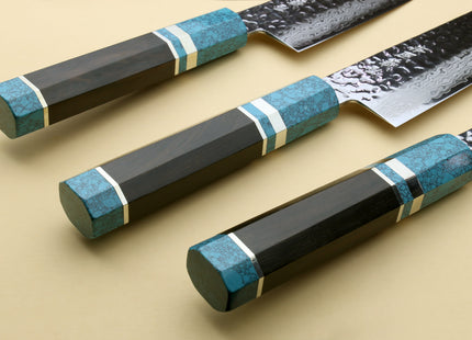 Yoshihiro VG-10 46 Layers Hammered Damascus Santoku Japanese Multipurpose Knife Octagonal Turquoise Blue Handle (Blade Length 7" (180mm))