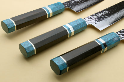 Yoshihiro VG-10 46 Layers Hammered Damascus Santoku Japanese Multipurpose Knife Octagonal Turquoise Blue Handle (Blade Length 7" (180mm))