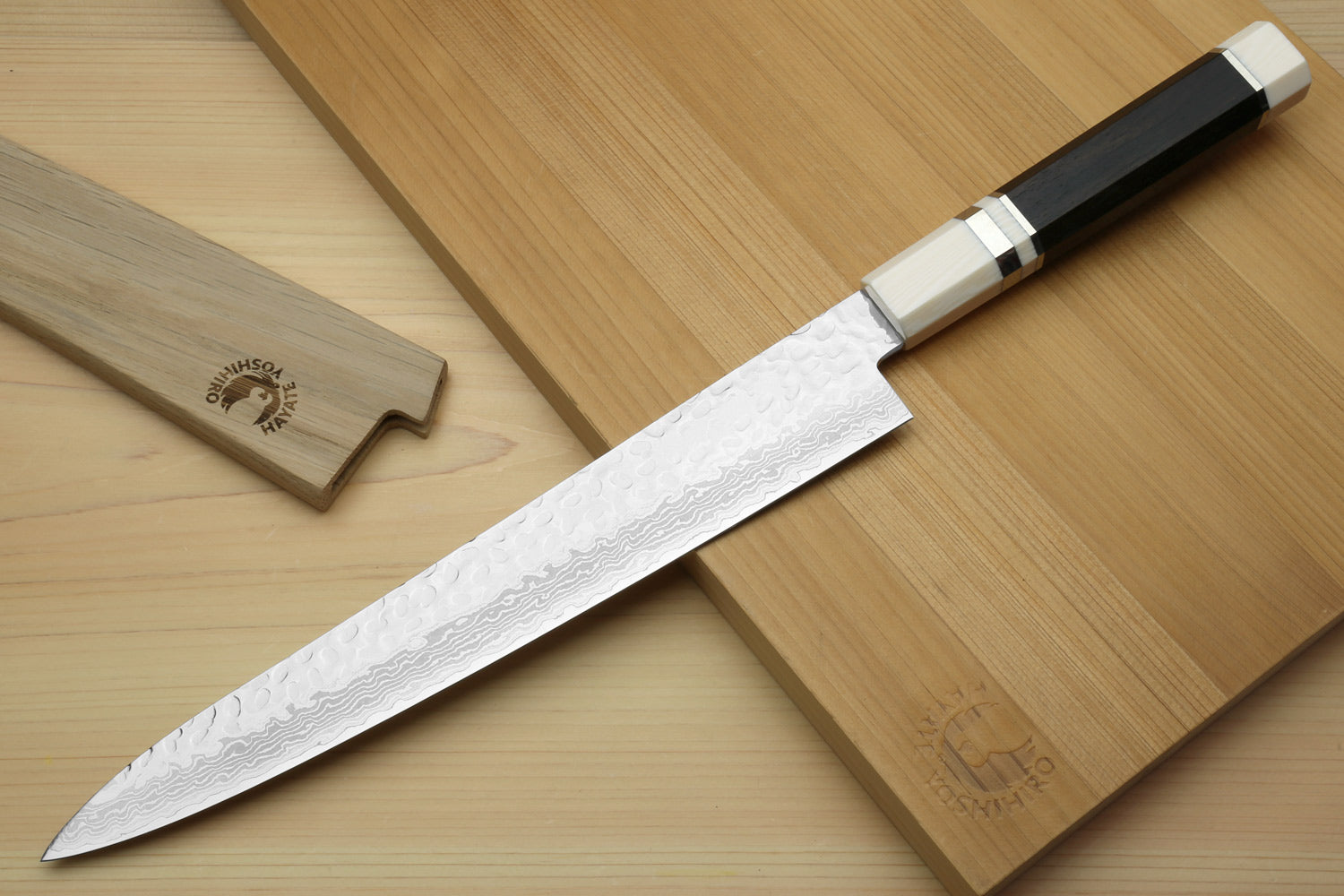 Yoshihiro VG-10 46 Layers Hammered Damascus Sujihiki Japanese Slicer Knife Octagonal Alternative Ivory Handle (Blade Length: 9.5" (240mm))