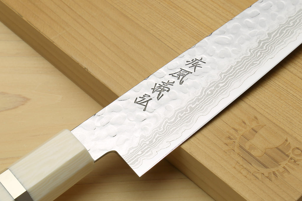 Yoshihiro VG-10 46 Layers Hammered Damascus Sujihiki Japanese Slicer Knife Octagonal Alternative Ivory Handle (Blade Length: 9.5" (240mm))
