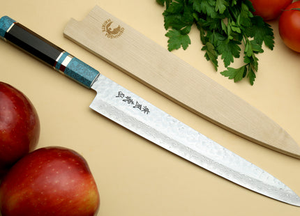 Yoshihiro VG-10 46 Layers Hammered Damascus Sujihiki Japanese Slicer Knife Octagonal Turquoise Blue Handle (Blade Length: 9.5" (240mm))