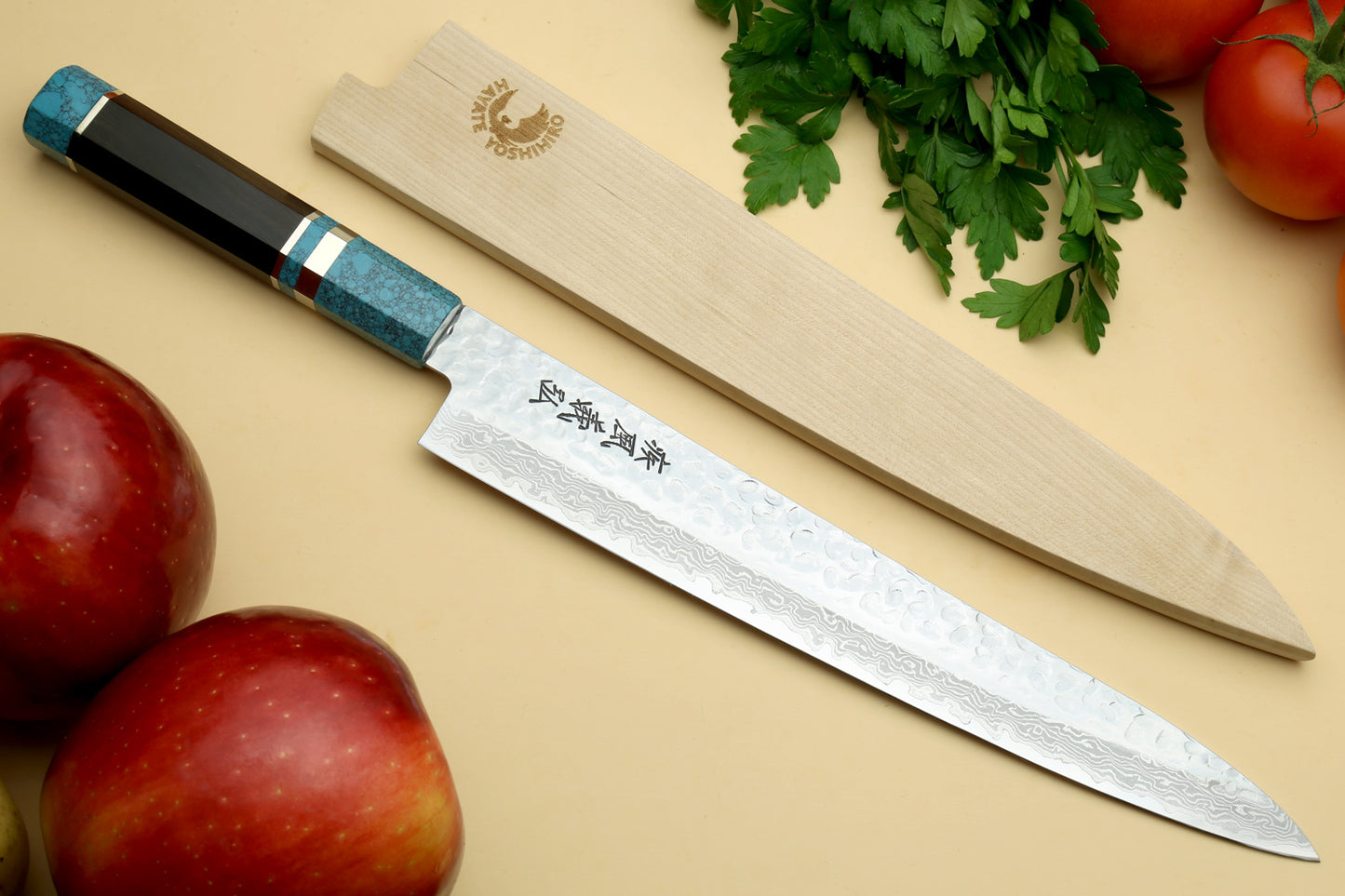 Yoshihiro VG-10 46 Layers Hammered Damascus Sujihiki Japanese Slicer Knife Octagonal Turquoise Blue Handle (Blade Length: 9.5" (240mm))