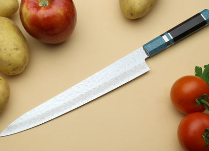 Yoshihiro VG-10 46 Layers Hammered Damascus Sujihiki Japanese Slicer Knife Octagonal Turquoise Blue Handle (Blade Length: 9.5" (240mm))