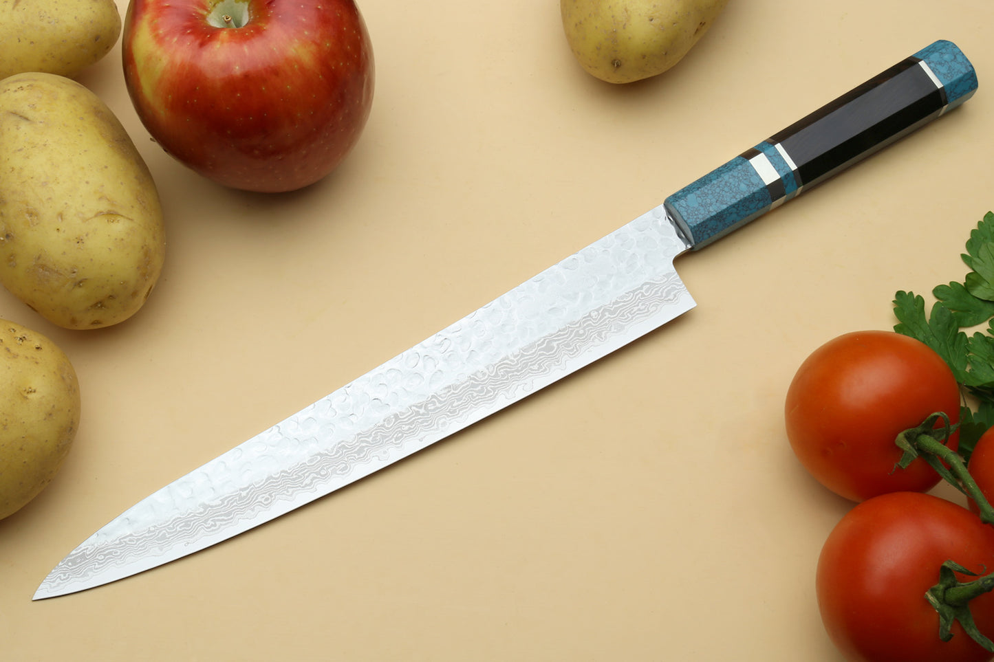 Yoshihiro VG-10 46 Layers Hammered Damascus Sujihiki Japanese Slicer Knife Octagonal Turquoise Blue Handle (Blade Length: 9.5" (240mm))