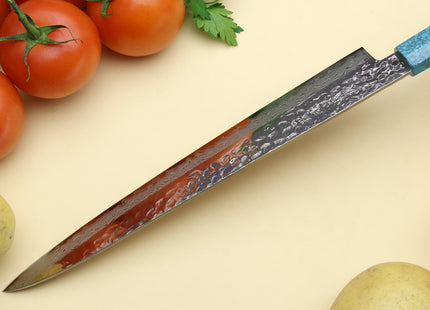 Yoshihiro VG-10 46 Layers Hammered Damascus Sujihiki Japanese Slicer Knife Octagonal Turquoise Blue Handle (Blade Length: 9.5" (240mm))